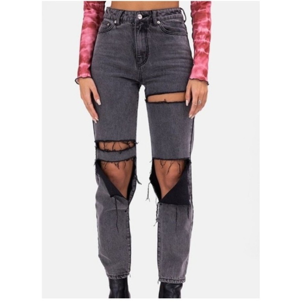 Adika Davis Jeans Straight High Rise Black Wash Destroyed Women's Small